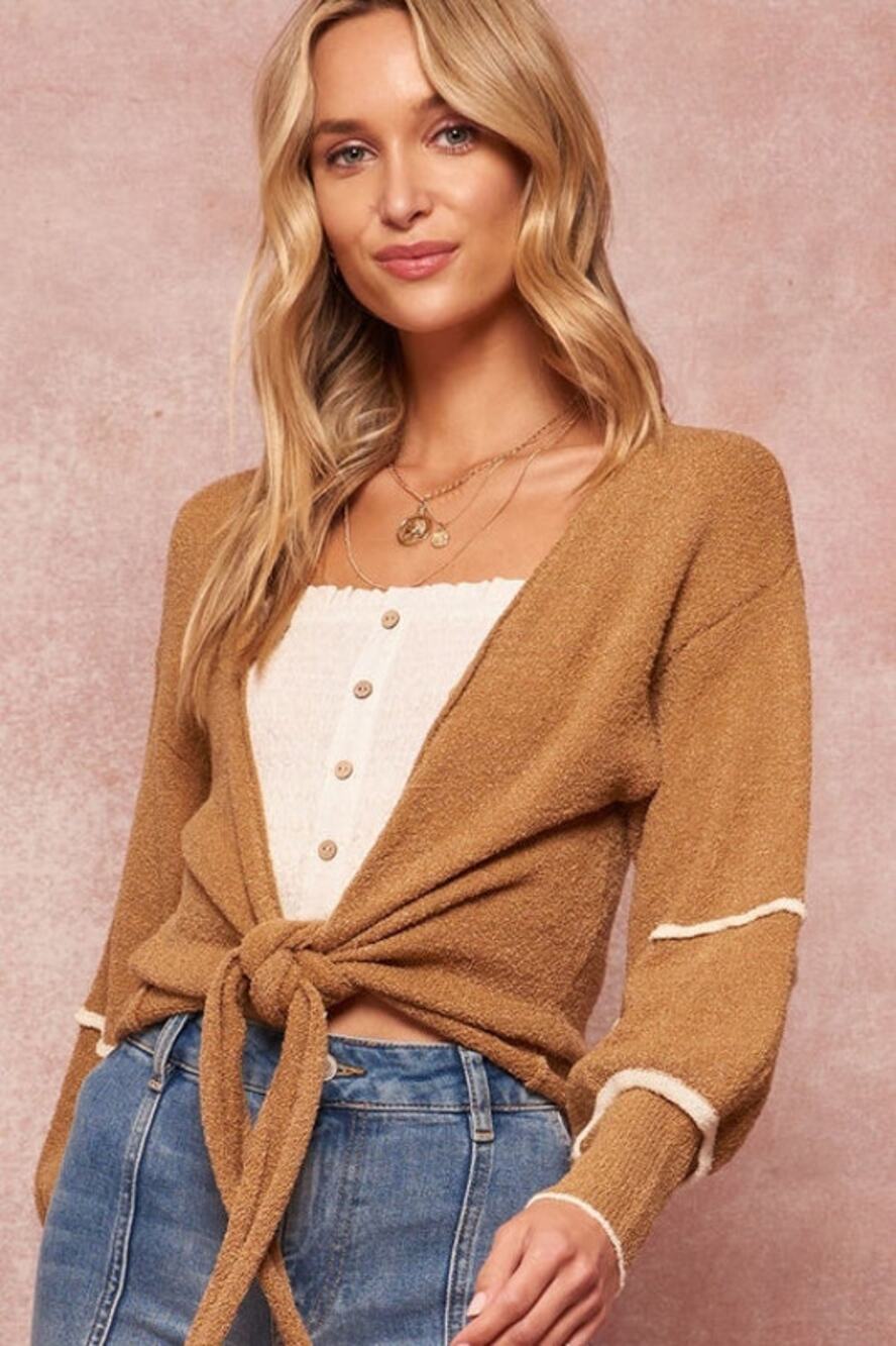 Promesa Tan Brown Textured Knit Tie Front Cardigan Sweater Women's Size Small